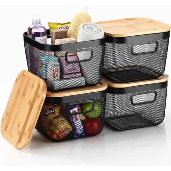 4 Pack Metal Mesh Steel Basket with Bamboo Lids 9.65 x 9.65 x 6.89 Inches Stackable Metal Mesh Basket with Handles Wire Storage Bin for Storage Fruits Pantry Bathroom Kitchen Cabinets Shelves