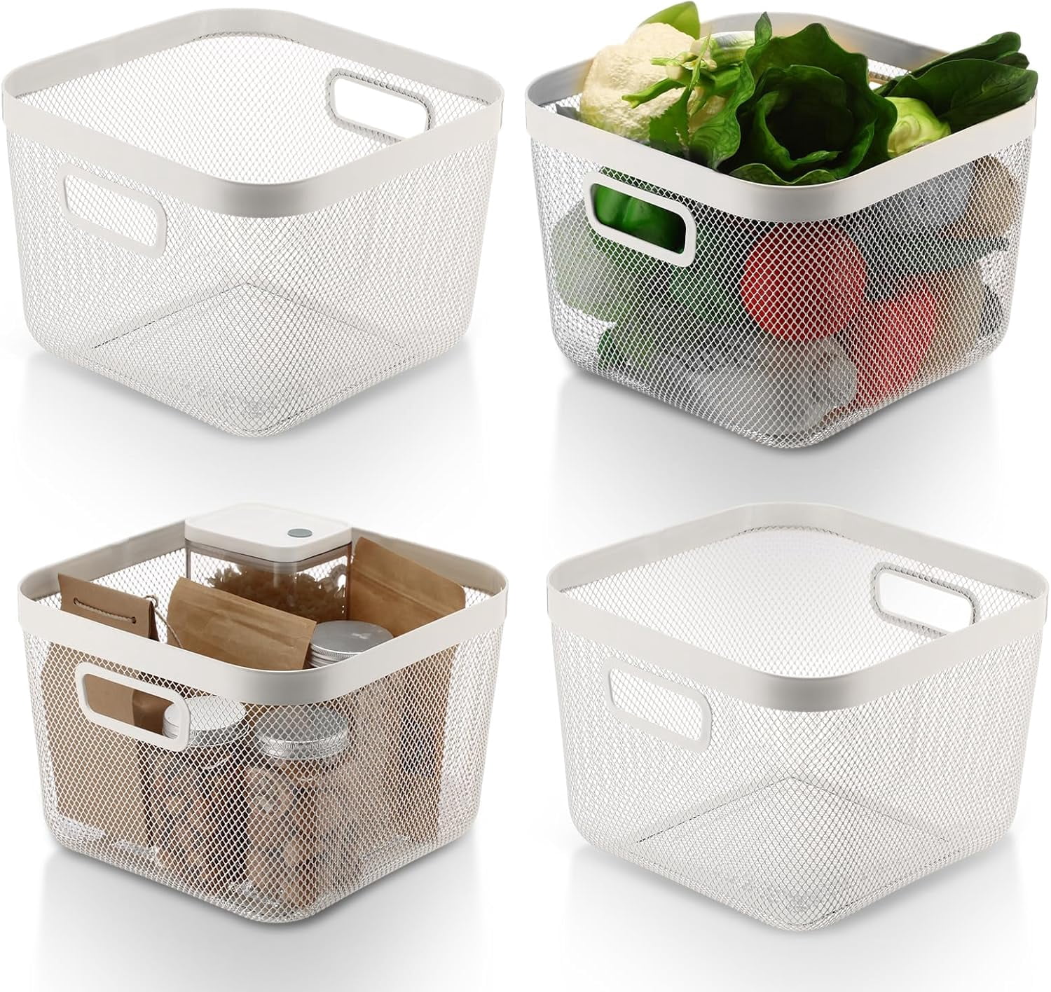 4 Pack Metal Mesh Steel Basket with Hollow Handles Square Wire Mesh Open Bin Fruit Storage Basket for Kitchen Bathroom Picnic Shopping Cabinet Home Items (Large,White)