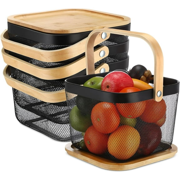 4 Pack Metal Mesh Steel Harvest Basket with Bamboo Handles and Lids Black Picnic Wire Baskets Bin for Gathering Vegetable Fruit Garden Kitchen Cabinet Shopping Stackable 9.6 x 9.6 x 7 Inch