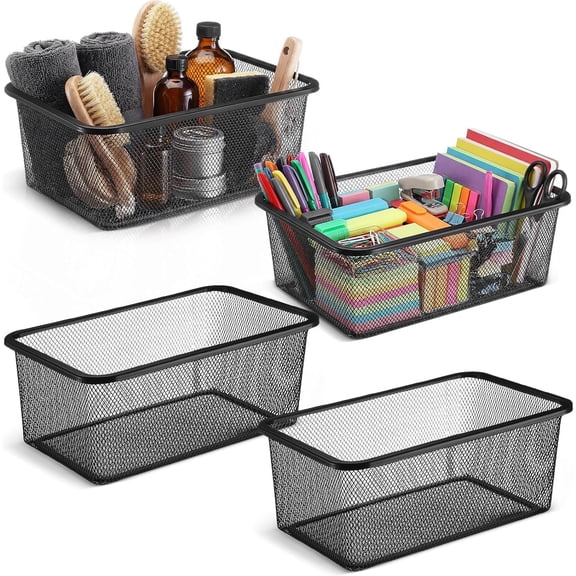 4 Pack Metal Mesh Storage Baskets, Metal Wire Organizer Bins, Stackable Pantry Containers for Kitchen, Cabinet, Fridge, Closet, Bathroom, Makeup and Home Organization(Black,Small)