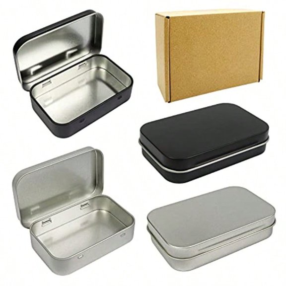 4 Pack Metal Rectangular Empty Hinged Tins Box Containers 3.75 by 2.45 by 0.8 Inch Silver and Black Mini Portable Box Small Storage Kit Home Organizer 2 Black 2 Silver