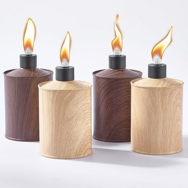 4 Pack Metal Table Top Torches with Wicks and Caps, Wooden Style
