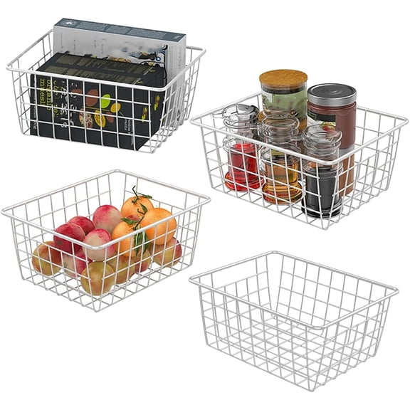 4 Pack Metal Wire Baskets Storage Bin Organizer for Food Pantry, Kitchen, Laundry Room, Laundry Basket,Countertop Storage Basket,Home Organizing Wire Baskets for Pantry, Freezer, Cabinet,White