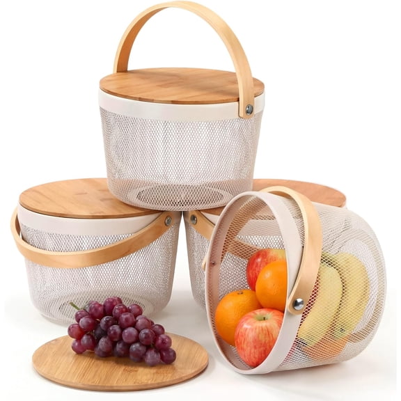 4 Pack Metal Wire Mesh Fruit Basket with Bamboo Lid & Handles Round Oval Steel Garden Organizer for Vegetables Fruits, Multi-functional Hanging Storage for Kitchen Picnic(White)