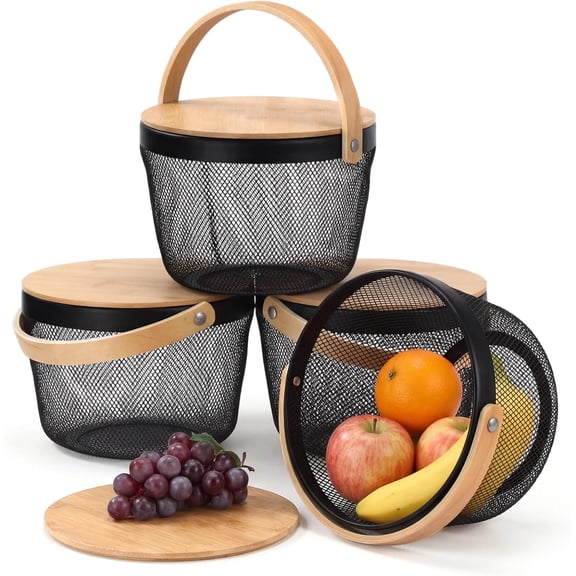 4 Pack Metal Wire Mesh Fruit Basket with Bamboo Lid & Handles Round Oval Steel Garden Organizer for Vegetables Fruits, Multi-functional Hanging Storage for Kitchen Picnic (Black)