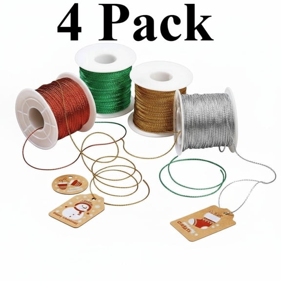 4 Pack Metallic Cord Tinsel Rope for Ornament Hooks and Gift Wrapping, Ribbon Wrap Thread Tag Cord for Craft Making(440yards x 1mm)