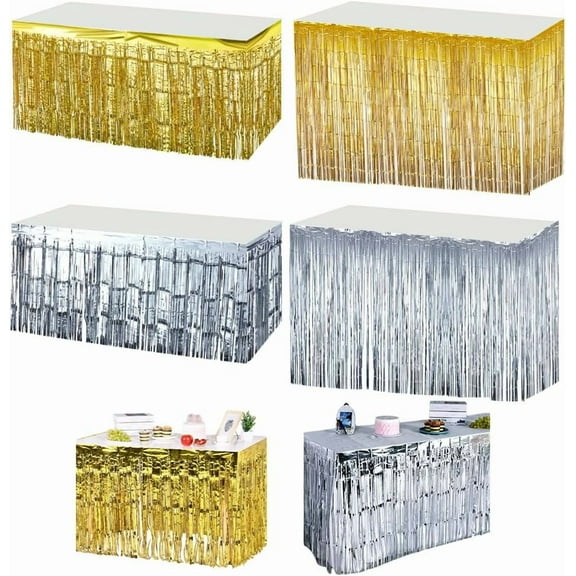 4 Pack Metallic Foil Fringe Tinsel Table Skirts DIY for Rectangle Tables 2 Sizes Tinsel Backdrop Curtains Shiny Tinsel Tassle Banner DIY for Wedding Float Christmas Mardi Gras Party(Silver & Gold)