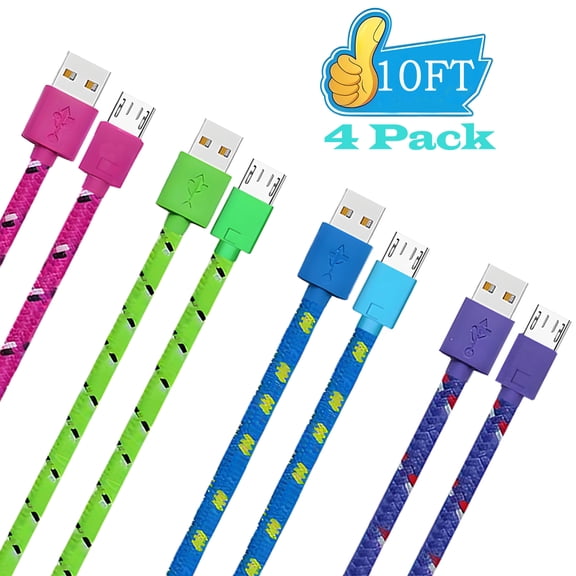 4 Pack Micro Usb Cable 10ft,AlmosTen Micro Usb Charger 10ft Android Charger Cable Nylon Braided USB A to Micro Fast Charging Cord for Samsung Galaxy S7 Edge S6,Android Phone(Blue+Green+Purple+Rose)
