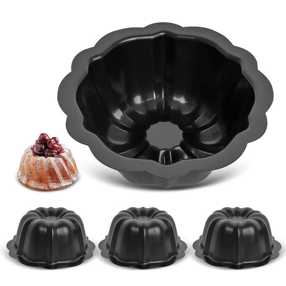 4 Pack 4 Inch Nonstick Mini Bundt Cake Pans, Black Carbon Steel Fluted Molds for Baking Cupcakes, Brownies, and Tarts