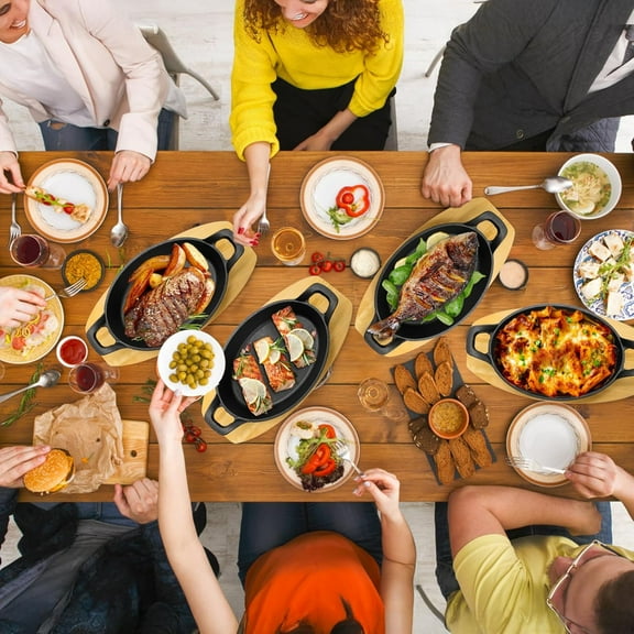 4 Pack Mini Cast Iron Fajita Skillet Set with Wooden Base, 8.5 Inch Sizzling Plate for Steak Pizza Baking