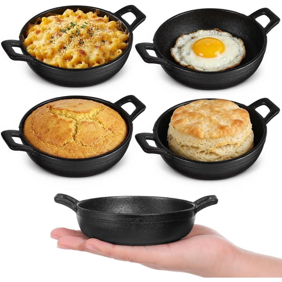 4 Pack Mini Cast Iron Skillet, 5 x 5 x 1.3 Inch Cast Iron Pan Small Ramekin Set, Small Cast-Iron Pan with Handles Mini Casserole Dish Skillets for Serving Frying Baking Cooking Roasting