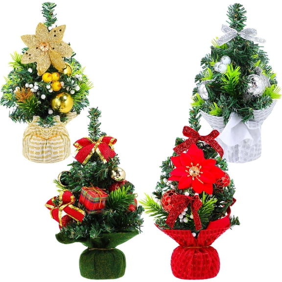4-Pack Mini Christmas Trees, 7.8 Inch Flocked Desktop Decor with Ornaments