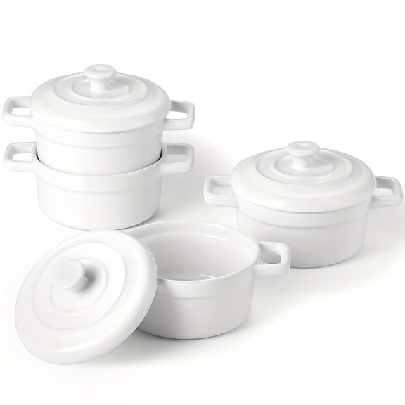 4 Pack Mini Cocotte 12oz Ceramic Casserole Dishes with Lids and Handles, Small Baking Ramekins for Oven, Microwave, Dishwasher Safe, Individual Serving Bowls for Kitchen