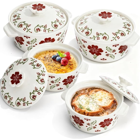 4 Pack Mini Cocotte Set with Handle, 8 Oz Ceramic Ramekins with Lids Round Mini Casserole Dishes Souffle Soup Bowls Individual Serving Pot for Baking, Souffle, Creme Brulee, Oven Safe, Red
