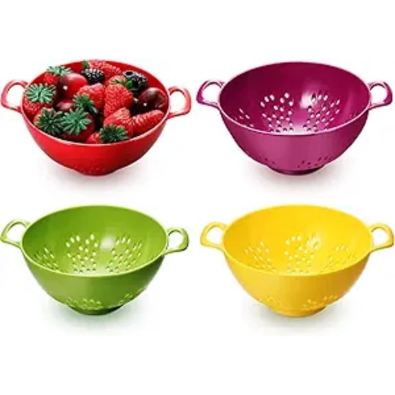 4 Pack Mini Colander for Kitchen Plastic Berry Strainer with Double Handles 7.5 x 6 x 3 Inch Small Colander Strainer for Fruits Vegetables Food (Green, Purple, Red, Lemon Yellow)