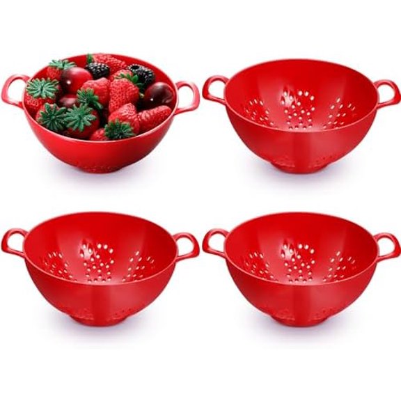 4 Pack Mini Colander for Kitchen Plastic Berry Strainer with Double Handles 7.5 x 6 x 3 Inch Small Colander Strainer for Fruits Vegetables Food (Red)
