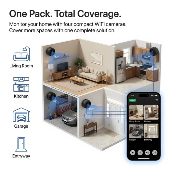 4 Pack Mini Hidden Cameras, 1080P WiFi Security Camera for Home Indoor Outdoor, 150° Wide Angle Lens, Remote Viewing App, Video No Audio
