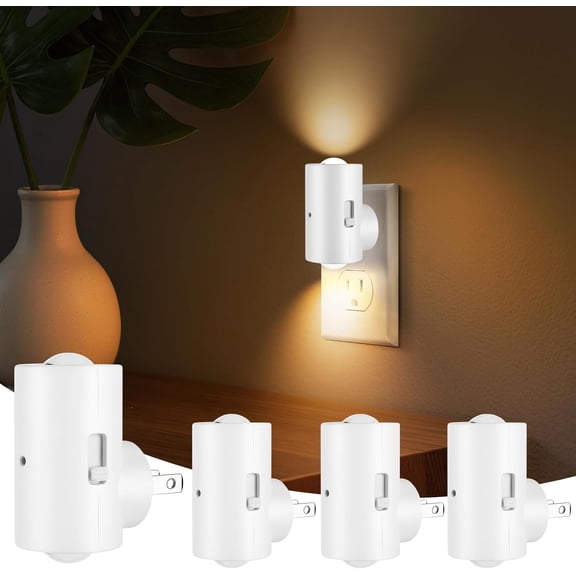 4 Pack Mini LED Night Light, Dimmable Plug-in Wall Light with Dusk to Dawn Auto On/Off, 180 Rotating Head, 3000K Soft White, 0-200 LM for Nursery, Hallway, Bathroom