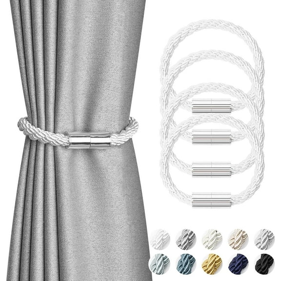 4 Pack Mini Magnetic Curtain Tiebacks Modern Simple Style Drape Tie Backs Elegant Decorative Weave Rope Curtain Holdbacks for Home & Office Thin Window Draperies (Silver White)