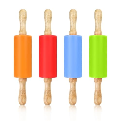 4 Pack Mini Rolling Pin for Kids,9 Inch Wooden Handle Rolling Pin Non-Stick Silicone Rolling Pins for Children Cake Baking