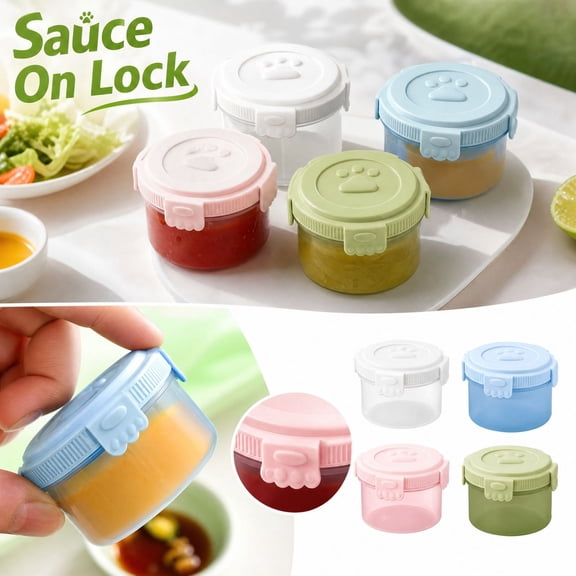 4 Pack Mini Sauce Containers with Lids, Leak Proof Small Condiment Cups with Cute Paw Lid, Reusable Portable Salad Dressing Jars for Lunch Box Bento Travel
