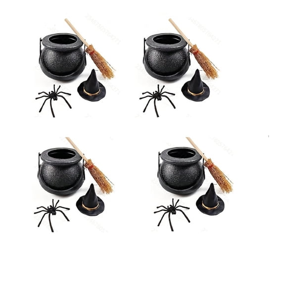 4 Pack Mini Witch Cauldron Ornament Set, Halloween Small Spooky Container Figurines, Tiny Black Pot Statues, Tabletop Party Decor Vessel For Holiday Scene Layout
