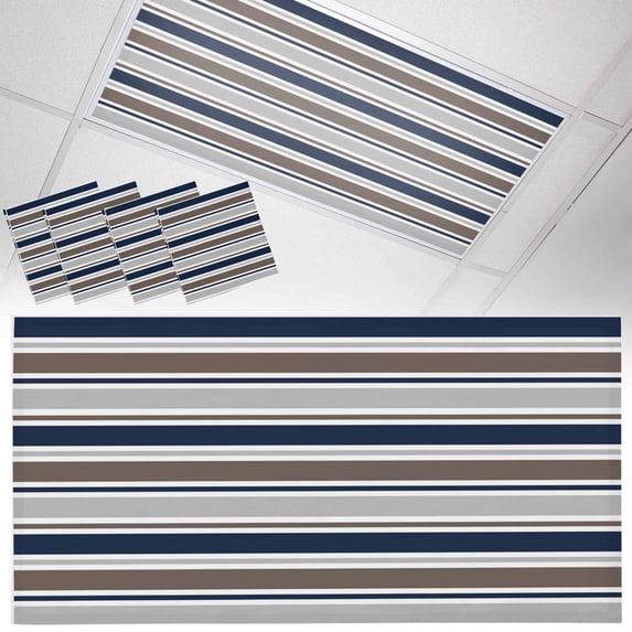 4 Pack Minimalist Stripes Fluorescent Light Covers for Ceiling Lights Navy Blue Brown Grey Horizontal Stripe Modern Magnetic Ceiling Light Covers Overhead Light Filters for Office Classroom Home