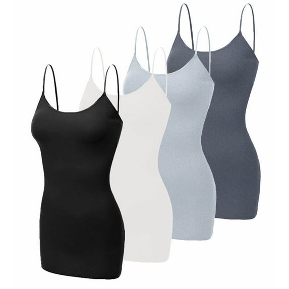 4 Pack Mixed Colors, Women Long Camisole Tank Tops Blend Fit Basic Cami Top W/ Straps