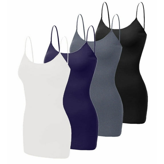 4 Pack Mixed Colors, Women Long Camisole Tank Tops Blend Fit Basic Cami Top W/ Straps