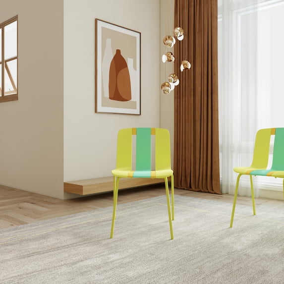 4-Pack Modern Color Block Chairs - Durable Metal Legs & Weatherproof PP Seats, Bright Yellow/Orange/Green - Living Room, Café & Patio Furniture
