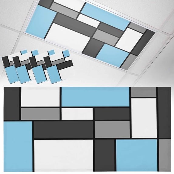 4 Pack Modern Color Blocks Fluorescent Light Covers for Ceiling Lights Gray Blue White Rectangle Geometric Magnetic Ceiling Light Covers Overhead Light Filters for Office Classroom Home