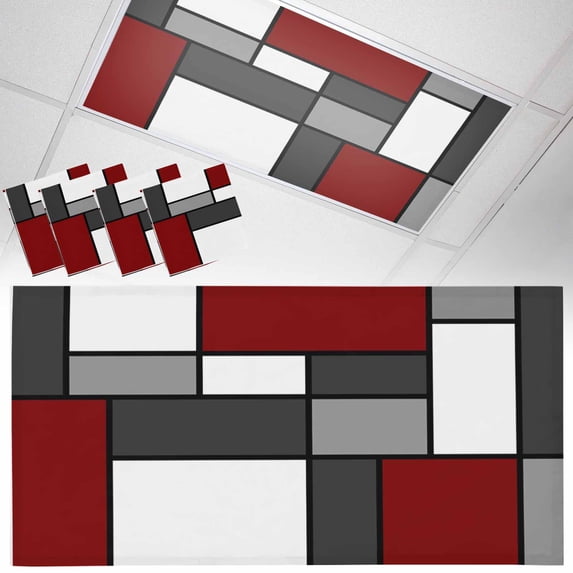 4 Pack Modern Color Blocks Fluorescent Light Covers for Ceiling Lights Gray Red White Rectangle Geometric Magnetic Ceiling Light Covers Overhead Light Filters for Office Classroom Home