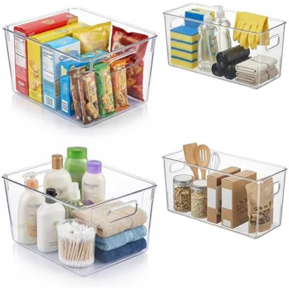 4 Pack Modular Clear Plastic Storage Organizer Bins  2 Large & 2 Narrow, Nestable Space-Saving System for Pantry & Kitchen Storage, Fridge, Bathroom & Cabinet$$Home Decor, Kitchen, & Other