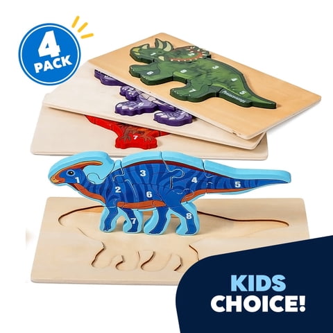 4 Pack - Montessori Wooden Puzzles + Coloring Book for Toddlers 2 3 4 5 Years Old, Dinosaurs Jigsaw Learning Toys for Kids, Children, Early Educational Color Sorting Block Puzzle Gift for Boy & Girls