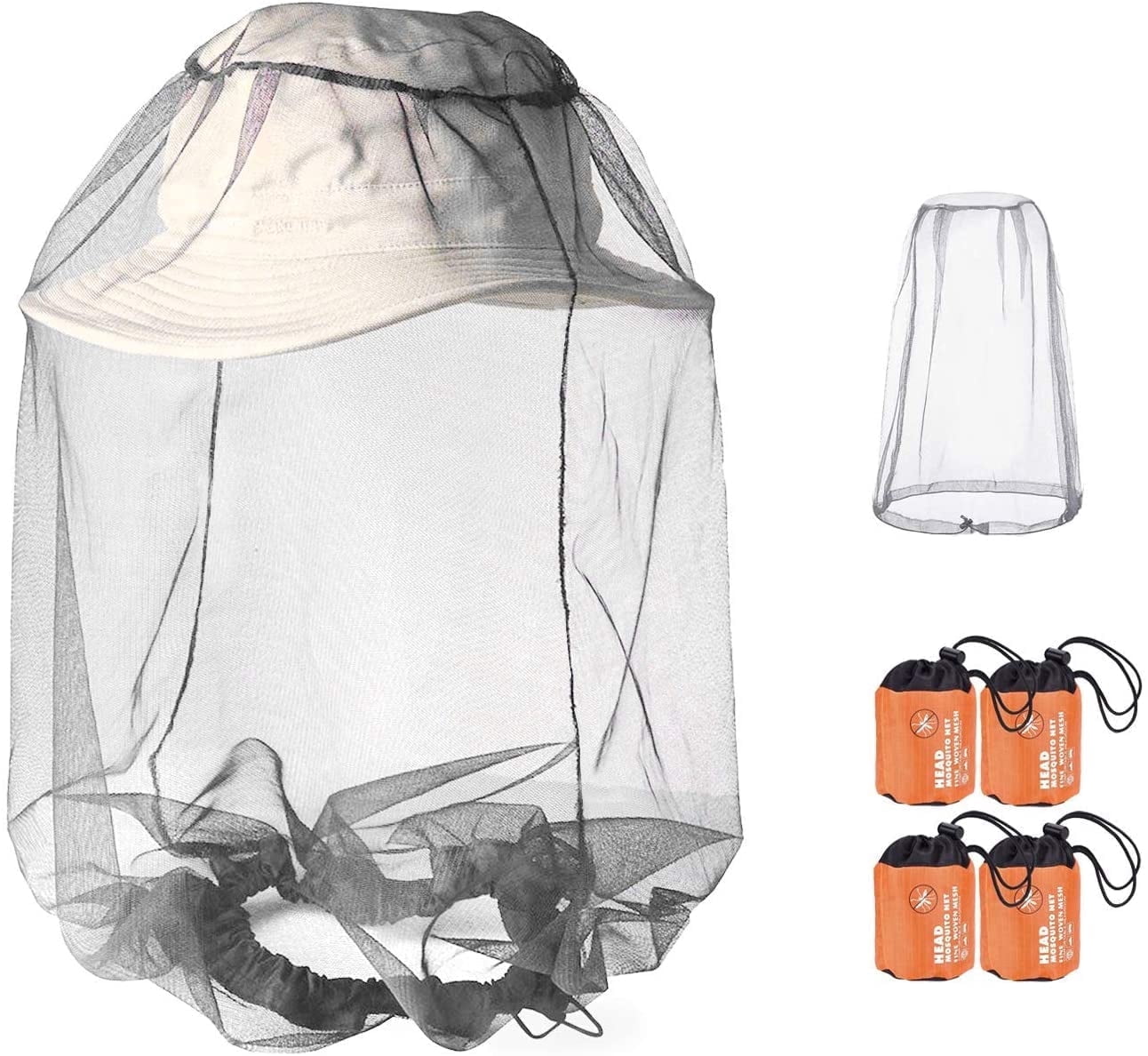 4 Pack Mosquito Head Net Mesh Protective, Durable Face Neck Insect Netting Hood Screen Net for Any Outdoor Lover, with Carry Bags Fits Most Sizes of Hats Caps