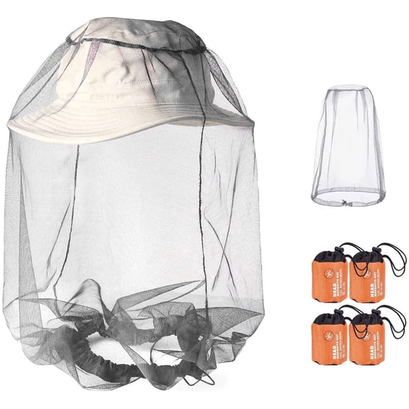4 Pack Mosquito Head Net Mesh Protective, Durable Face Neck Insect Netting Hood Screen Net for Any Outdoor Lover, with Carry Bags Fits Most Sizes of Hats Caps