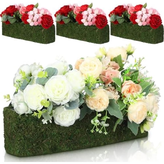 4 Pack Moss Window Box Planters, 16 Inch Rectangular Decorative Planter Boxes with Plastic Liner, Indoor Outdoor Window Sill Planters for Flowers, Herbs, Easter Spring Home Garden Decor