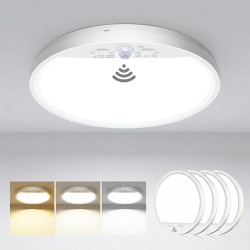 4 Pack Motion Sensor Ceiling Light Wired, 3000K/4000K/6500K LED Flush Mount Ceiling Light Fixture, 7Inch 15W Motion Sensor Light with Timer for Closet Stair Porch Hallway Pantry,White