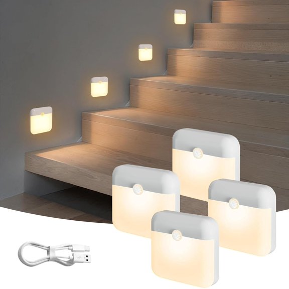 4 Pack Motion Sensor Light Indoor, Rechargeable Night Light, 60LM, 2-Modes, Stick-  Operated LED Sensor Light for Stairway, Hallway, Kitchen, Closet, Bedroom