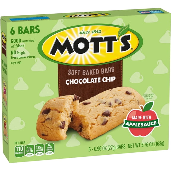 (4 Pack ) Mott's Soft Baked Bars, Chocolate Chip, Made with Applesauce, 6 Count, 5.76 oz