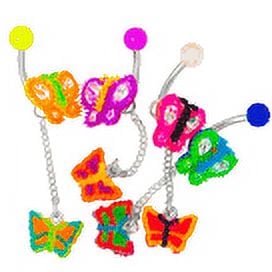 4 Pack Multi-Color Silicone Butterfly Dangle Belly Ring - 316L Surgical Steel