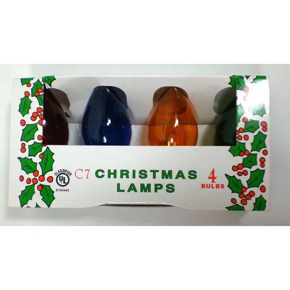(4 Pack) Multi Color Transparent C-7 Light Bulbs 5 Watt Holiday Christmas Night