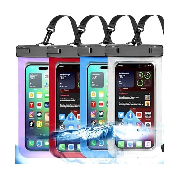 4 Pack Multicolor Universal Waterproof Phone Pouch, Large Phone Waterproof Case Dry Bag (Protection Level: IP68) Outdoor Sports for Apple iPhone,Samsung,and up to 7.5" (White,Blue,Red,Purple)
