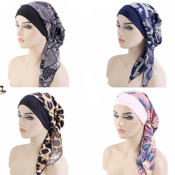 4 Pack Muslim Turban, Soft Head Headwear India Hat Elegant Women Printed India Hat Muslim Hijab Cap Head Wrap