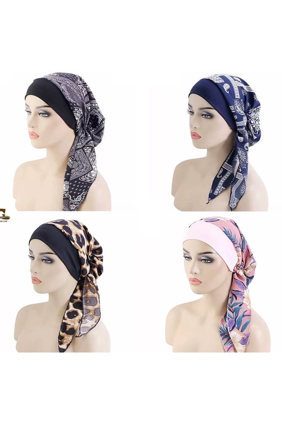 4 Pack Muslim Turban, Soft Head Headwear India Hat Elegant Women Printed India Hat Muslim Hijab Cap Head Wrap