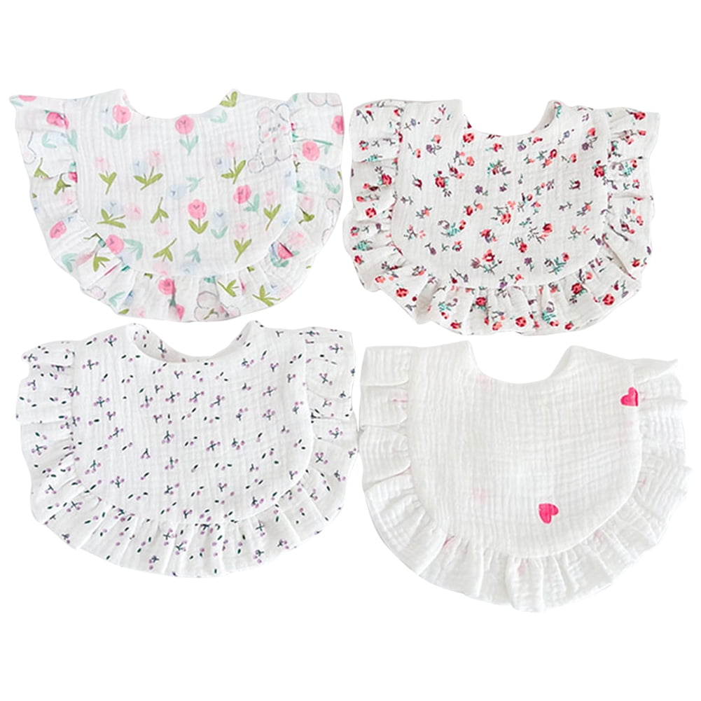 4 Pack Muslin Baby Drool Bibs Set Ushaped Floral Lace Pleated Doublesided Unisex Cotton