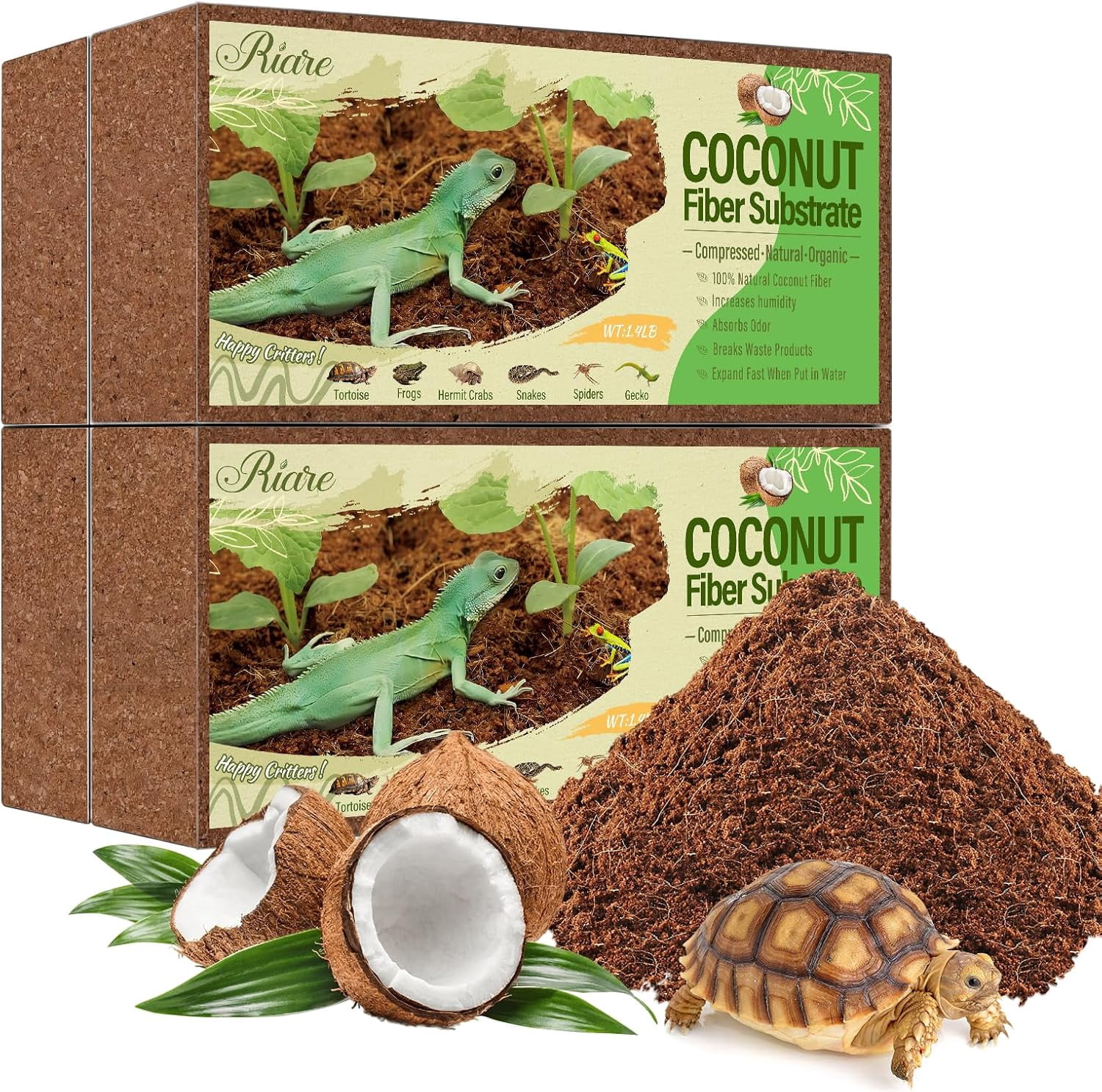 4 Pack Natural Coconut Fiber Substrate for Reptile- Premium Compressed Coconut Husk Terrarium Bedding for Reptile, Tortoise, Frogs, Snakes Hermit Crabs, Burrowing Animals