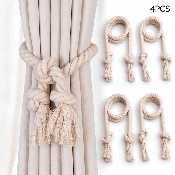 Lqht 4 Pack Boho Curtain Tiebacks, Braided Cotton Rope Curtain Holdbacks, Beige Rustic Tie Backs for Home Window Decor, Living Room, Bedroom (31.5 Inch)