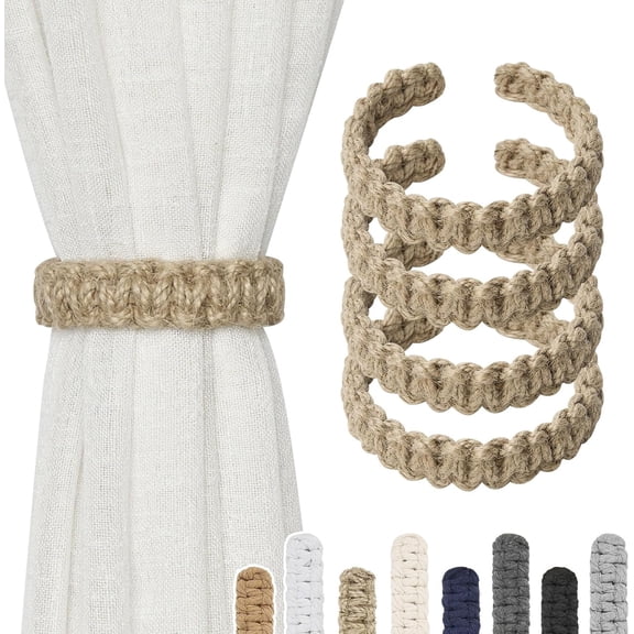 4 Pack Natural Jute Rope Curtain Tiebacks Farmhouse Rustic Style Decorative Drape Tie Backs Handmade Braided Curtain Holdbacks for Home & Office Sheer/Light Weight Drapery (J-Natural-S)
