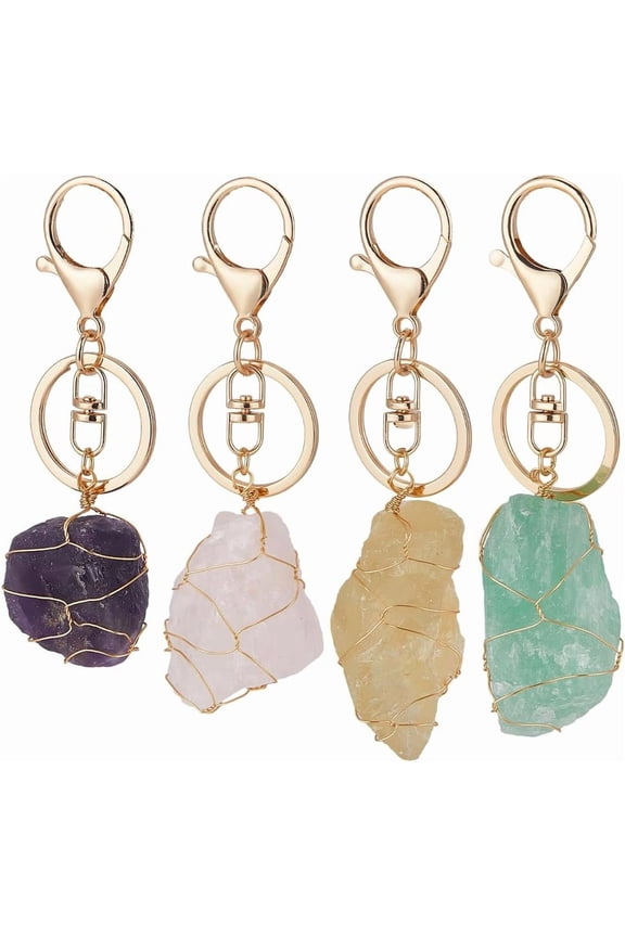 4-Pack Natural Raw Crystal Keychains Wire Wrapped Amethyst Rose Quartz Gemstone Keyrings for Car Keys